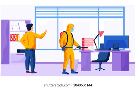 Un hombre del servicio de control de plagas está desinfectando en el cargo para matar virus y bacterias de ilustración plana vectorial. Carácter masculino con traje protector pulveriza una habitación con soluto desinfectante