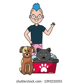 man pet dog and cat grooming