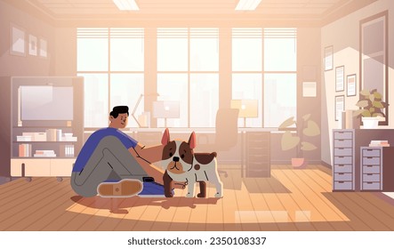 man pet owner playing with cute dog best friends domestic animal caring for four-footed friend concept modern living room interior