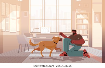 man pet owner playing with cute dog best friends domestic animal caring for four-footed friend concept