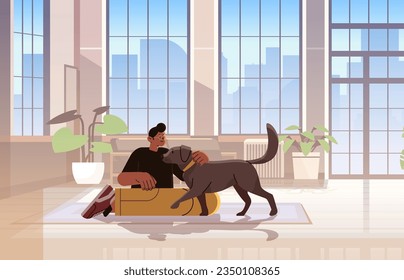 man pet owner playing with cute dog best friends domestic animal caring for four-footed friend concept