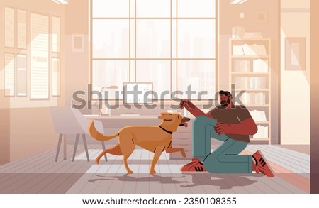 man pet owner playing with cute dog best friends domestic animal caring for four-footed friend concept