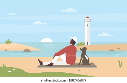Man pet owner sitting on sea beach with dog friend vector illustration. Cartoon young happy male character relaxing with own doggy in seascape with sunset, lighthouse on island background