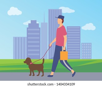 Man with pet walking in spring park vector, person having fun with dog, cityscape with skyscrapers and tall buildings, green grass and clean road