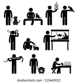 Man And Pets Dog Cat Bird Parrot Monkey Rabbit Fish Snake Python Pig Hamster Mouse Stick Figure Pictogram Icon