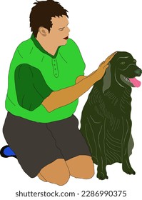 
Ein Mann putzt seinen Hund in einem ausdrucksvollen Gemälde