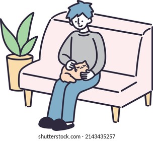 Man petting cat at home Simple Illustration