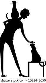 Man petting a cat. Silhouette.