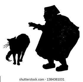 Man Petting Cat, this picture shows silhouette of the man petting the cat walking, vintage line drawing or engraving illustration