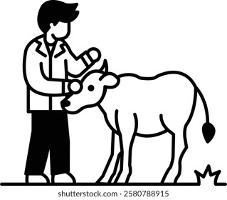 A man is petting a cow. The man is wearing a white jacket. The cow is standing on the grass