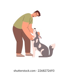 Man petting a dog showing the love and affection between pet and its owner, flat vector illustration isolated on white background. People and domestic animals.