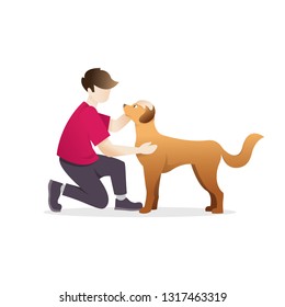 Man petting a dog. A young man with his beloved dog on a white background. Man hugging a dog. Vector illustration