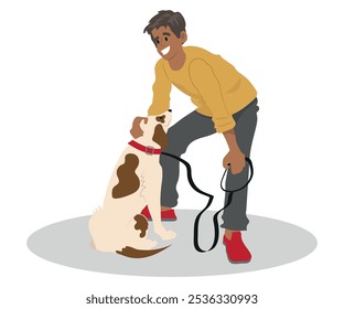 man petting a friendly dog. Owner walking his pet, vector illustration on white background.