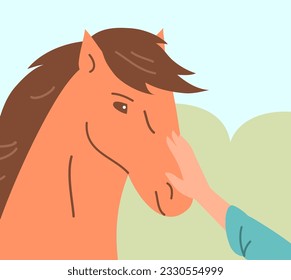 Man petting a horse. Horse therapy for children and adults. Animal friend. Health care and rehabilitation. Flat vector illustration