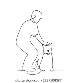 man petting a sitting dog on the head - one line drawing vector. concept dog lover, petting a dog