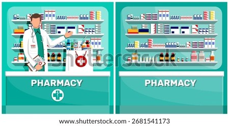 Man pharmacist with document and bag on counter. Pharmacy store or drug shop interior concept. Medical healthcare.