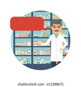 Man pharmacist with speech bubble at the counter against shelves with drugs and medicines. Drugstore male salesperson at work. Vector illustration in flat style.