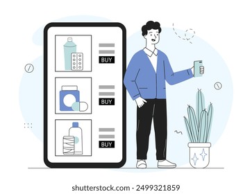 Man with pharmacy online store. Young guy with smartphone buys tablets on Internet. Online shopping and ecommerce. Pills and bandage. Linear vector illustration isolated on white background