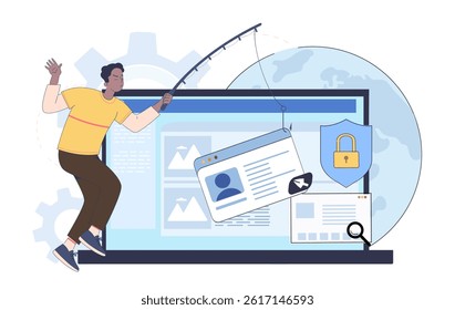 Man phishing account. Young guy with phishing rod near laptop. Scammer and criminal steals personal data. Cybercrime and danger on Internet. Virus and malware. Linear vector illustration