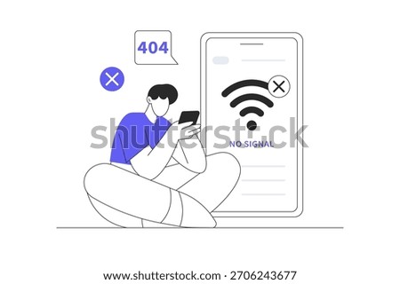 Man with phone, bad device work wifi signal, lost connection, internet disconnection. Flat Cartoon Vector Illustration, icon Stylish abstract design landing page web