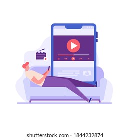 Man with phone broadcasts live and watching streaming service with clapper. Streaming cinema concept. Concept of video marketing, online cinema. Vector illustration for UI, web banner, mobile app