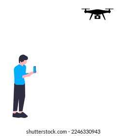 Man with phone controlling a flying drone. Pilot launching quadcopter with smartphone. Flat. Vector illustration.