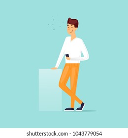 Man with phone, correspondence, sms, calls, internet mobile, wifi. Flat design vector illustration.