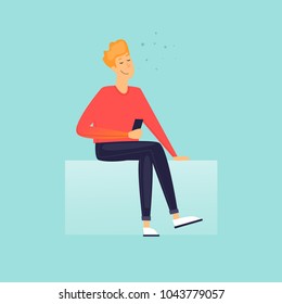 Man with phone, correspondence, sms, calls, internet mobile, wifi. Flat design vector illustration.