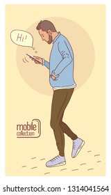 A man with a phone, design for crafting background. Man using smartphone flat design cartoon. Modern lifestyle, obsession, addiction. Mobile collection.  
