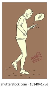 A man with a phone, design for crafting background. Man using smartphone flat design cartoon. Modern lifestyle, obsession, addiction. Mobile collection.  