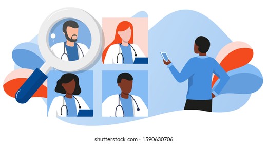 man with phone, doctors team medical staff portraits. Patient online searching therapist via smartphone. Mobile app to find a specialist, medical insurance, telemedicine. For banner, flyer, landing