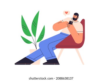 Man with phone, giving likes in mobile dating app. Person chatting, texting in social media, using smartphone. Online communication. Flat graphic vector illustration isolated on white background