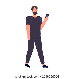 Man with phone in hand. Checking social networks. Vector illustration