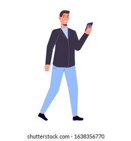 Man with phone in hand. Checking social networks. Vector illustration