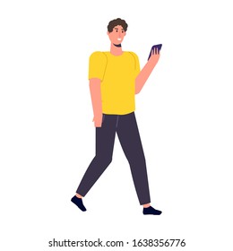 Man with phone in hand. Checking social networks. Vector illustration