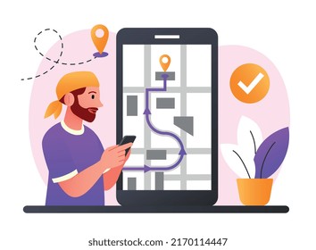 Man with phone looking at map. Tourist trying to navigate terrain, guy building route. Trip and adventure, active lifestyle. Modern technologies and geolocation, GPS. Cartoon flat vector illustration