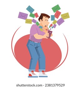 Man with phone. Lots of messages and letters. Mail envelope fountain. Funny people. Illustration concept template for website, web landing page, banner, presentation, promotion or print media.