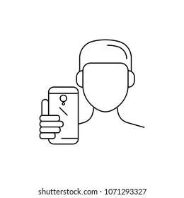 Man with phone make selfie. Outline Man with phone make selfie vector illustration for web design isolated on white background