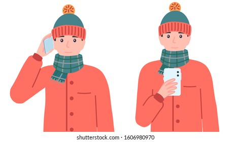 Man with phone. Male personage wearing winter clothes taking selfie. Character use smartphone Seasonal isolated vector illustration in cartoon flat style.