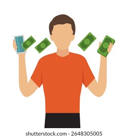 Man with phone money income, Banknotes come out of a smartphone. Cartoon Vector Illustration.    