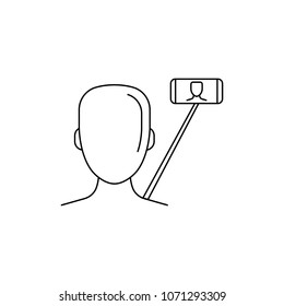 Man with phone on selfie stick . Outline Man with phone with selfie stick vector illustration for web design isolated on white background