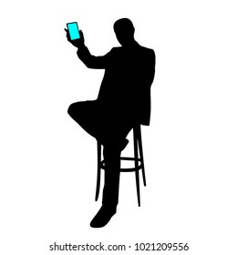 A man with a phone, presents the phone's features, a silhouette on a white background