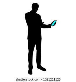 A man with a phone, presents the phone's features, a silhouette on a white background