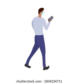 A man with a phone in a protective mask. Vector illustration. Isolated. Flat design.