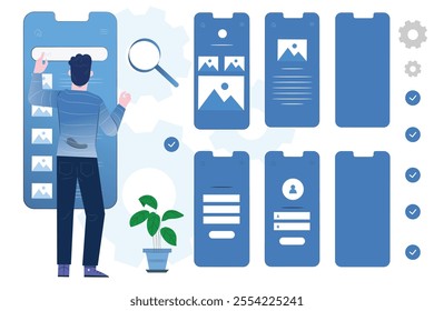 A man with a phone searching for something. Different types of phone interior pages inside vector illustration 