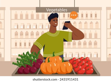 El hombre con el teléfono vende verduras. Chico joven de pie con el teléfono inteligente cerca de calabazas y tomates. Alimentación saludable con vitaminas. Comercio minorista y marketing. Ilustración de vector plano de dibujos animados