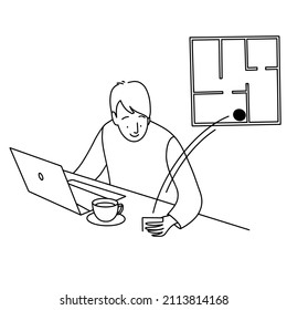 Man with phone sending task to robot vacuum cleaner line minimalistic flat vector illustration