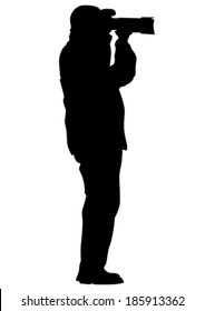 Man with a photo camera on white background