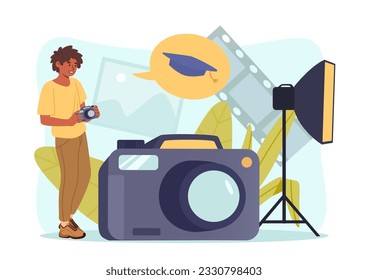 Man with photo courses concept. Young guy with camera takiong shoot. Paparazzi at workplace. Creativity and art. Character at studio. Education and training. Cartoon flat vector illustration