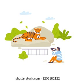 Man photograph at safari making a picture of a tiger in the zoo vector flat illustration.